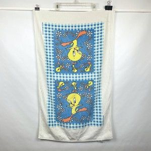 VTG 1998 Warner Bros Tweety Bird Looney Tunes Bath Towel 39x24 Flowers Plaid